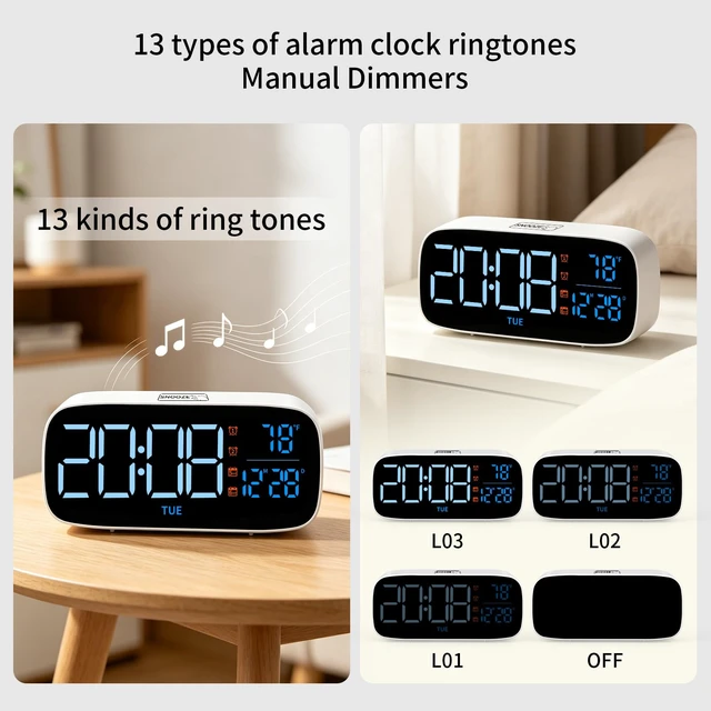Alt view image 5 of 7 - Digital Alarm Clock for Bedroom,USB-Powered,White | Dimmer,Temperature,Calendar,13 Sounds Adjustable Volume, Weekday/Weekend Mode, Snooze, 12/24H Display,Easy to set up