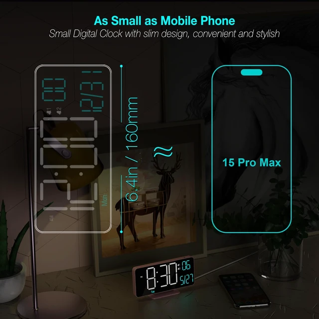 Alt view image 2 of 6 - Clock for Bedroom, 6.7in Digital Alarm Clock, Auto Dimming, Room Temperature, Day of The Week, Seconds, Date, Alarm Clocks for Bedrooms, Digital Clocks for Living Room