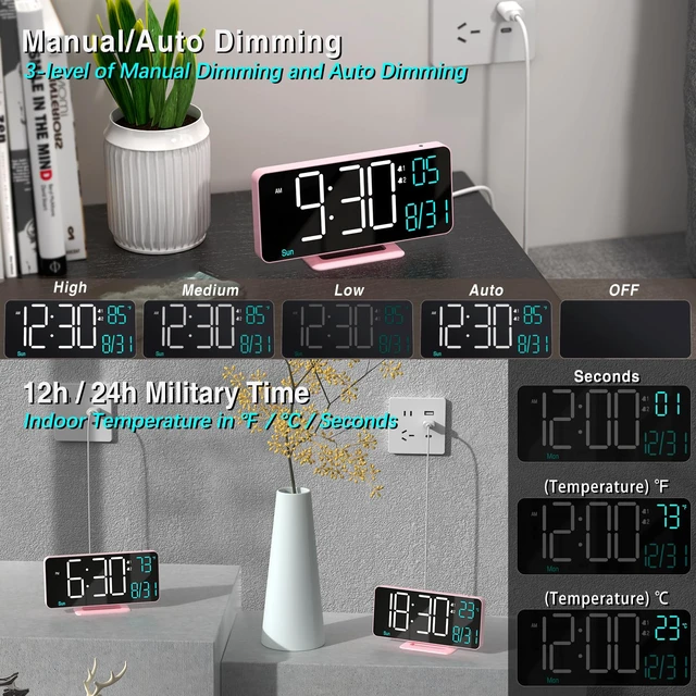 Alt view image 3 of 6 - Clock for Bedroom, 6.7in Digital Alarm Clock, Auto Dimming, Room Temperature, Day of The Week, Seconds, Date, Alarm Clocks for Bedrooms, Digital Clocks for Living Room