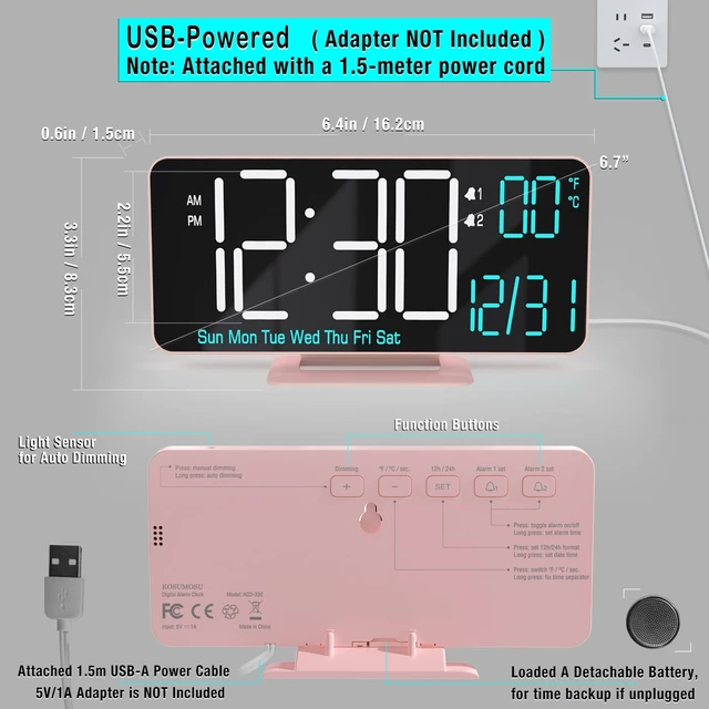 Alt view image 4 of 6 - Clock for Bedroom, 6.7in Digital Alarm Clock, Auto Dimming, Room Temperature, Day of The Week, Seconds, Date, Alarm Clocks for Bedrooms, Digital Clocks for Living Room