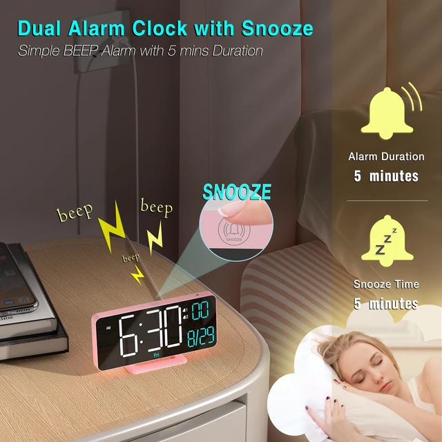 Alt view image 6 of 6 - Clock for Bedroom, 6.7in Digital Alarm Clock, Auto Dimming, Room Temperature, Day of The Week, Seconds, Date, Alarm Clocks for Bedrooms, Digital Clocks for Living Room