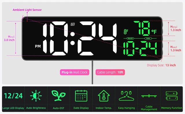 Alt view image 3 of 7 - 13 Large Digital Wall Clock with Auto-Brightness, Date, Temperature, DST | Plug-in Powered, Easy-to-Read & Set, Big Digital Clock for Bedroom, Living Room, Classroom, Kitchen, Office, Gym, Farmhouse