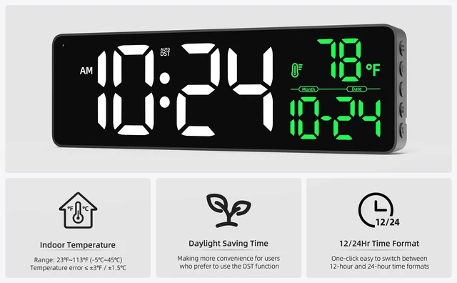 Alt view image 6 of 7 - 13 Large Digital Wall Clock with Auto-Brightness, Date, Temperature, DST | Plug-in Powered, Easy-to-Read & Set, Big Digital Clock for Bedroom, Living Room, Classroom, Kitchen, Office, Gym, Farmhouse