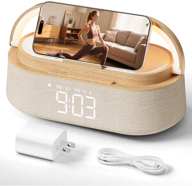 Main image of Alarm Clock Bedroom with Wireless Charger Bluetooth Speaker FM Radio Light | 6 in 1 Digital Alarm Clocks with Dimmable Night Light, Snooze, Dimmer 12 24H, 2500mAh battery for Home Office, Ideal Gift