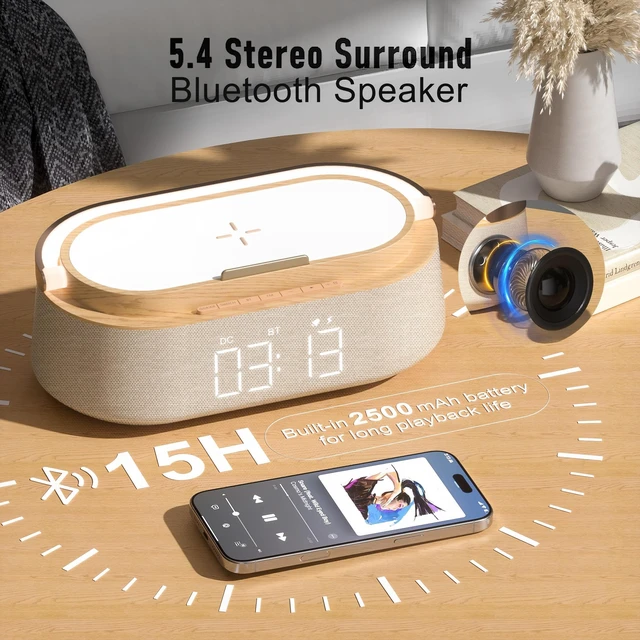 Alt view image 4 of 7 - Alarm Clock Bedroom with Wireless Charger Bluetooth Speaker FM Radio Light | 6 in 1 Digital Alarm Clocks with Dimmable Night Light, Snooze, Dimmer 12 24H, 2500mAh battery for Home Office, Ideal Gift