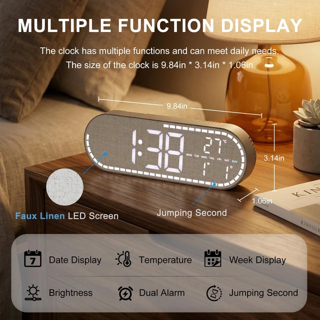Alt view image 2 of 7 - Faux Linen Digital Wall Clock LED Display, Plug-in Digital Clock | Desk Clock with Temp/5 Level Brightness/Timer, Digital Alarm Clock for Bedroom, Living Room, Kitchen, Gift for Elderly & Kids