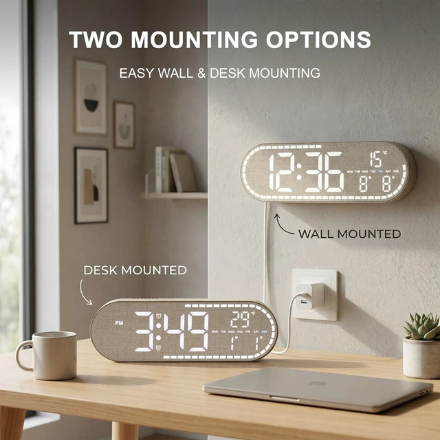 Alt view image 4 of 7 - Faux Linen Digital Wall Clock LED Display, Plug-in Digital Clock | Desk Clock with Temp/5 Level Brightness/Timer, Digital Alarm Clock for Bedroom, Living Room, Kitchen, Gift for Elderly & Kids
