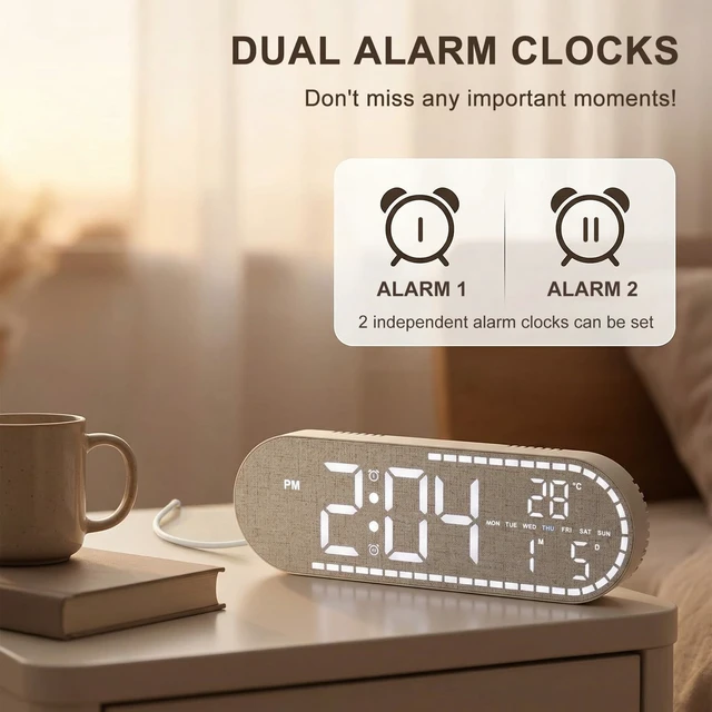 Alt view image 5 of 7 - Faux Linen Digital Wall Clock LED Display, Plug-in Digital Clock | Desk Clock with Temp/5 Level Brightness/Timer, Digital Alarm Clock for Bedroom, Living Room, Kitchen, Gift for Elderly & Kids