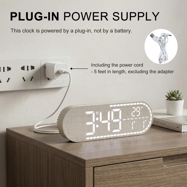 Alt view image 6 of 7 - Faux Linen Digital Wall Clock LED Display, Plug-in Digital Clock | Desk Clock with Temp/5 Level Brightness/Timer, Digital Alarm Clock for Bedroom, Living Room, Kitchen, Gift for Elderly & Kids