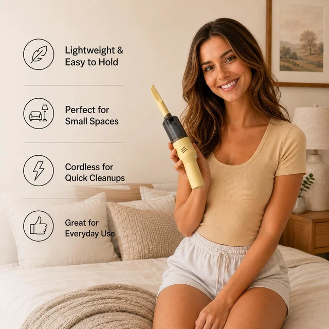 Alt view image 2 of 7 - Mini Handheld Vacuum Cordless, Rechargeable Car & Sofa Cleaner, Yellow | USB-C Charging for Crumbs, Dust, Pet Hair, Drawers, Blinds and Cup Holders, Crevice and Brush Tools, Washable Filter