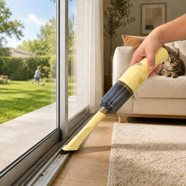 Alt view image 7 of 7 - Mini Handheld Vacuum Cordless, Rechargeable Car & Sofa Cleaner, Yellow | USB-C Charging for Crumbs, Dust, Pet Hair, Drawers, Blinds and Cup Holders, Crevice and Brush Tools, Washable Filter