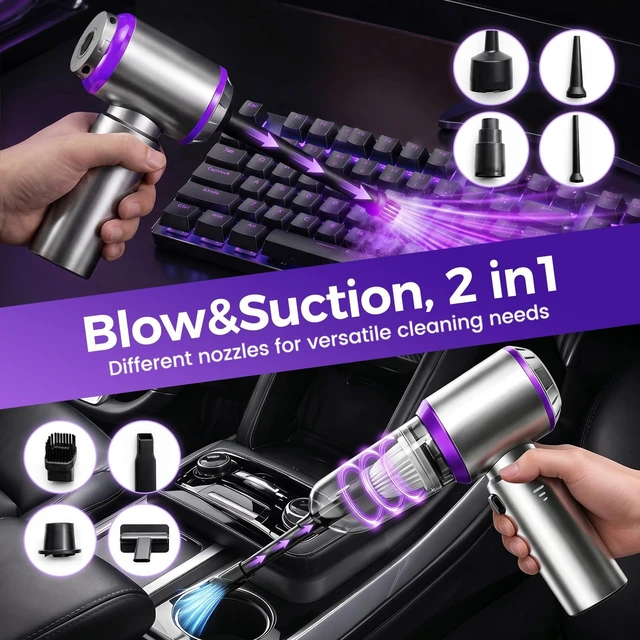 Alt view image 2 of 6 - Mini Car Vacuum Cleaner Portable Cordless, 21000PA High Power Small Vacuum Cleaner Handheld Vacuum, Compressed Air Duster & Air Blower & Aspiradora para Carro for Car, Home, Office, Pet