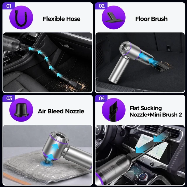 Alt view image 4 of 6 - Mini Car Vacuum Cleaner Portable Cordless, 21000PA High Power Small Vacuum Cleaner Handheld Vacuum, Compressed Air Duster & Air Blower & Aspiradora para Carro for Car, Home, Office, Pet