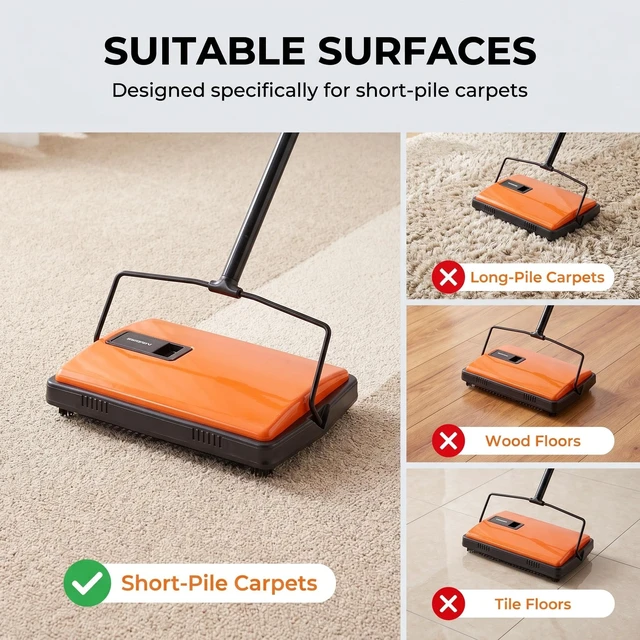 Alt view image 4 of 7 - Manual Carpet Sweeper For Pet Hair and Dust Remove | Rotating Brush Floor Sweeper, Lightweight Push Broom for Classroom Rugs, Non-Electric Lint & Crumb Cleaner, One-Touch Dumping