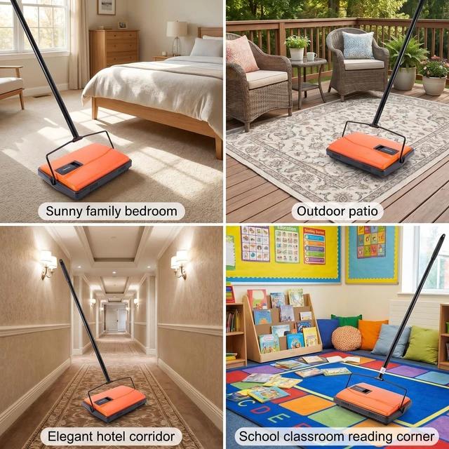 Alt view image 5 of 7 - Manual Carpet Sweeper For Pet Hair and Dust Remove | Rotating Brush Floor Sweeper, Lightweight Push Broom for Classroom Rugs, Non-Electric Lint & Crumb Cleaner, One-Touch Dumping