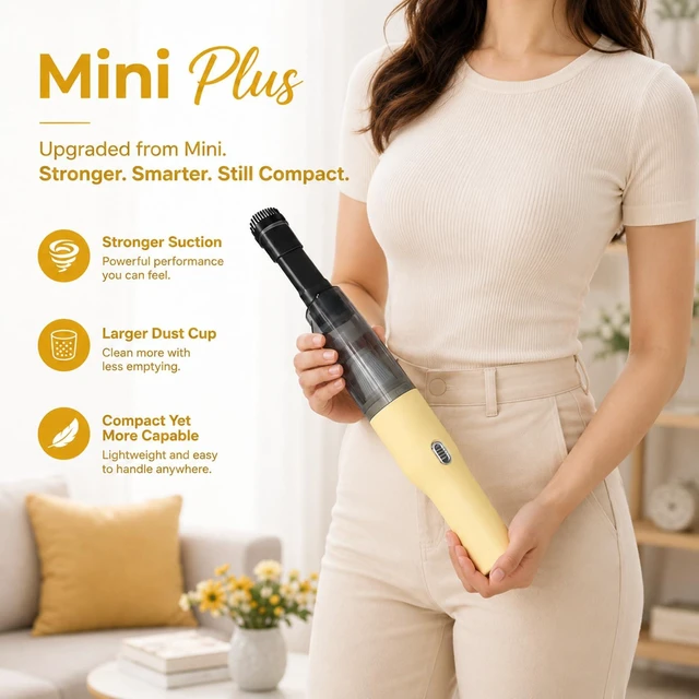 Alt view image 2 of 7 - Mini Plus Handheld Vacuum Cordless, Rechargeable Car & Desk Cleaner, Yellow | Lightweight Design, USB-C Power, Washable Filter, Crevice & Brush Tools for Crumbs, Pet Hair, Sofas and Keyboards