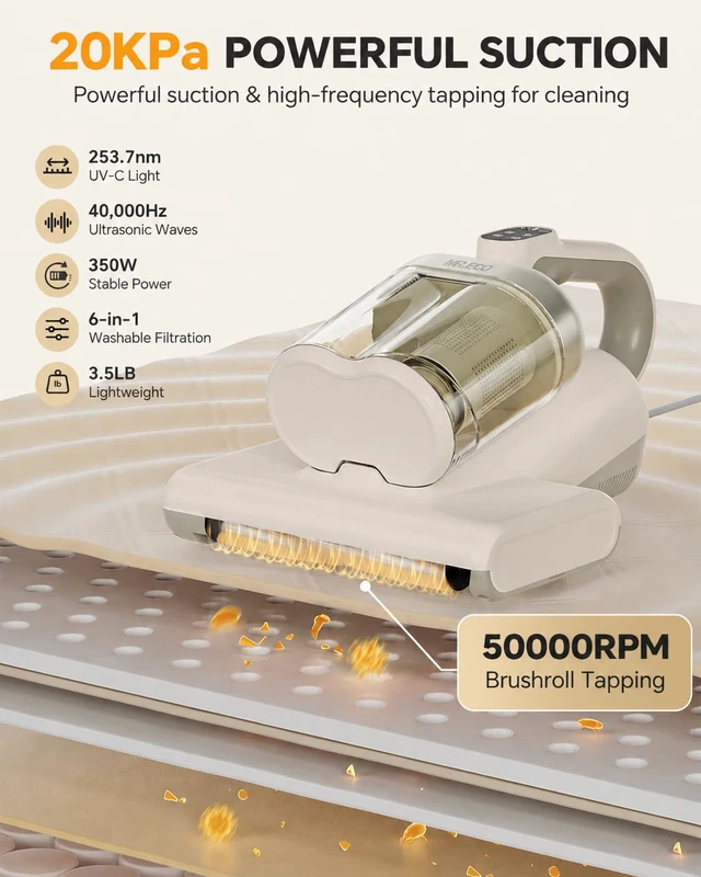 Alt view image 2 of 7 - Mattress Vacuum Cleaner, 20000Pa Bed Vacuum with 253.7nm UV-C Light | 149 Heat, Ultrasonic, HEPA Filter, Dust Sensor & LED Display, Versatile Handheld Vacuums for Bed, Sofa, Couch, Crib