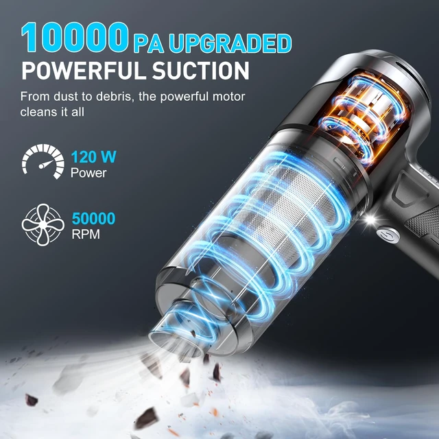 Alt view image 2 of 7 - Handheld Car Vacuum Cleaner, 10000PA Hand Held Vacuum & Air Duster | 120W High Power, Portable Cordless, Rechargeable with Multi-Nozzles & LED Light for Home, Car, Office