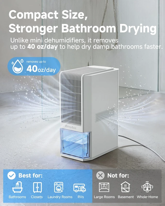 Alt view image 2 of 7 - Small Dehumidifier for Bathroom, RV, 68 OZ Tank | Auto Shut Off, Removes Up to 40 OZ/Day, Quiet Portable Dehumidifier with 7 Color LED Light, Auto Defrost for Bedroom