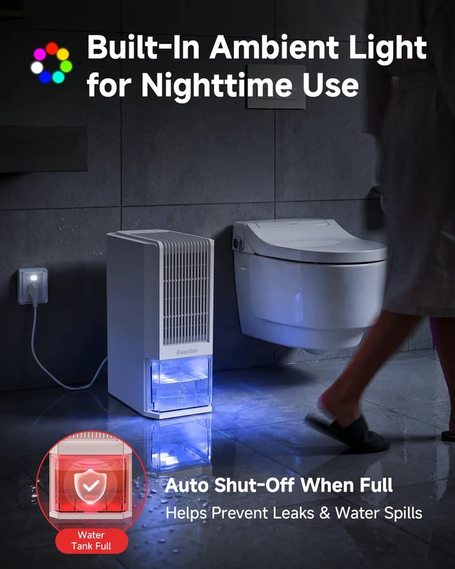 Alt view image 6 of 7 - Small Dehumidifier for Bathroom, RV, 68 OZ Tank | Auto Shut Off, Removes Up to 40 OZ/Day, Quiet Portable Dehumidifier with 7 Color LED Light, Auto Defrost for Bedroom