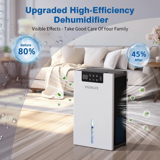Alt view image 2 of 7 - Dehumidifier, 1000sq.ft Dehumidifiers with 98oz Water Tank for Home Bedroom | Quiet with Auto Shut Off/LED Humidity Display/Timer/7 Colorful light/Washable Filter & Drain Hose, Moisture Absorbers