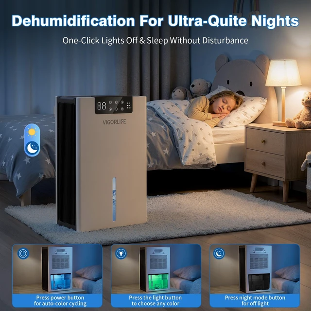 Alt view image 7 of 7 - Dehumidifier, 1000sq.ft Dehumidifiers with 98oz Water Tank for Home Bedroom | Quiet with Auto Shut Off/LED Humidity Display/Timer/7 Colorful light/Washable Filter & Drain Hose, Moisture Absorbers