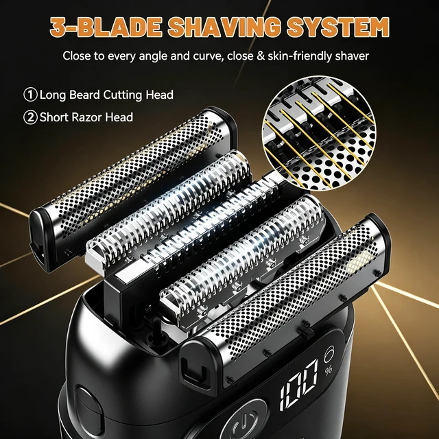 Alt view image 3 of 6 - 3-Blade Electric Foil Shaver for Men,Portable Electric Razor Beard Trimmer | Cordless Shaver with 3 Floating Blades, LED Display, USB Rechargeable, Long Working Time, Electric Shaver for Beard/Face