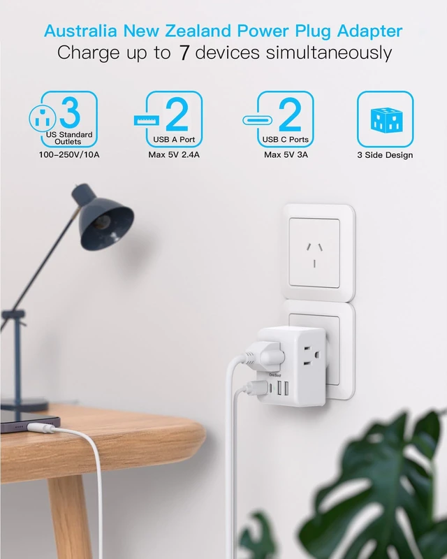 Alt view image 3 of 7 - 2 Pack Australia New Zealand Travel Plug Adapter, Australia Power Adapter | Type I Plug Adapter with 3 American Outlets 4 USB Charging Ports (2 USB C) for US to Australia, Argentina, China,New Zealand