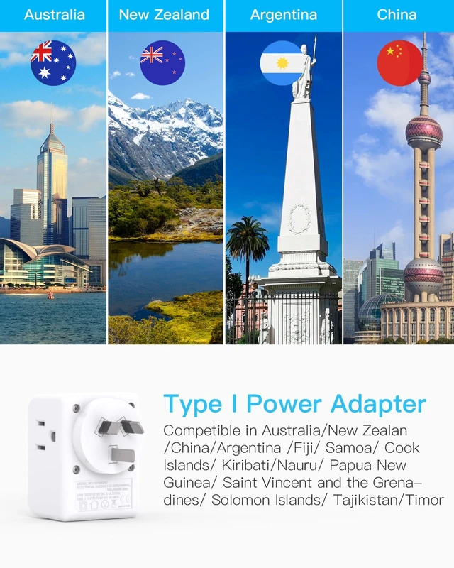 Alt view image 2 of 7 - 2 Pack Australia New Zealand Travel Plug Adapter, Australia Power Adapter | Type I Plug Adapter with 3 American Outlets 4 USB Charging Ports (2 USB C) for US to Australia, Argentina, China,New Zealand