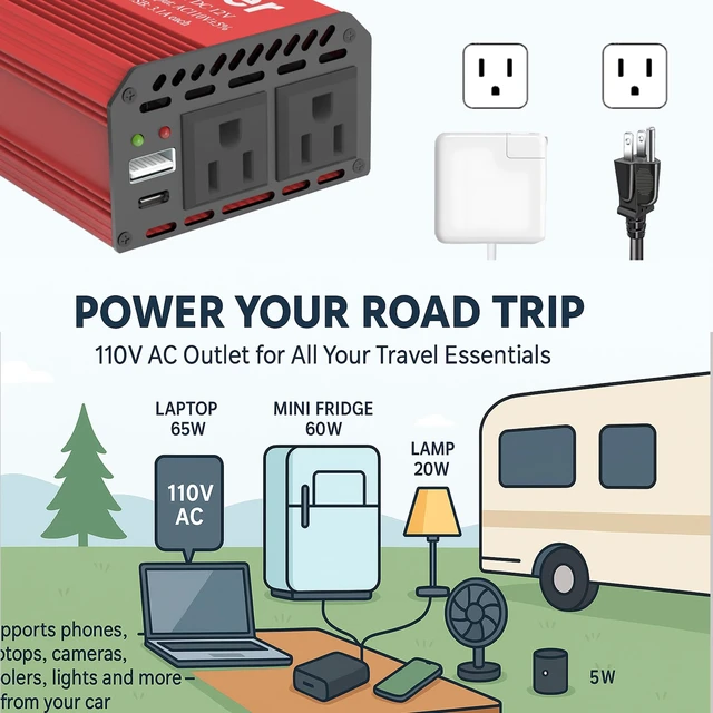 Alt view image 3 of 6 - Pro Chaser 400W Power Inverters for Vehicles DC 12v to 110v AC Car Inverter | Converter USB-A, PD 65W USB-C Ports, Dual AC Adapter for Air Compressor Laptops