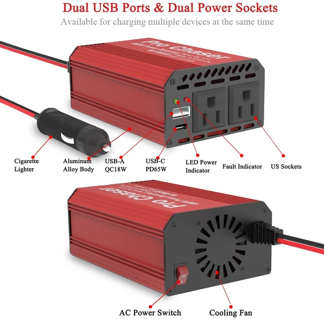 Alt view image 6 of 6 - Pro Chaser 400W Power Inverters for Vehicles DC 12v to 110v AC Car Inverter | Converter USB-A, PD 65W USB-C Ports, Dual AC Adapter for Air Compressor Laptops
