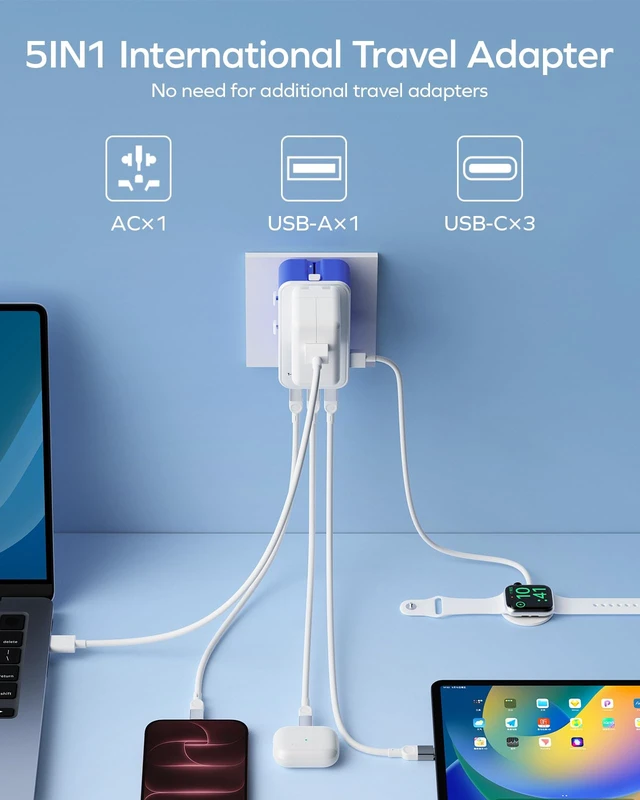 Alt view image 4 of 7 - (2026 NEW) Universal Travel Adapter, Ultra-Thin 70W GaN International Plug Adapter with 3 USB-C, 1 USB-A and AC Outlet, Works in 200+ Countries, Not a Voltage Converter, for International Travel