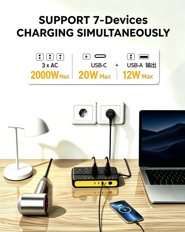 Alt view image 6 of 7 - 220V to 110V Power Converter EU to US, 2000W Voltage Converter for Europe Travel, Travel Power Converter with 2 USB-C & 2 USB-A Outputs, Travel Adapter Kit Include Type A/B/C/E/F/G/I/L