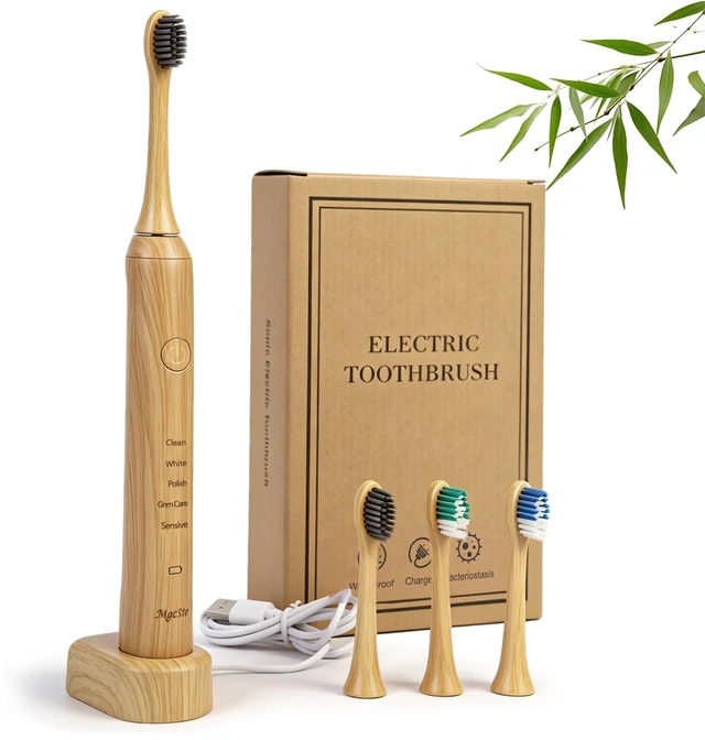 Main image of Natural Bamboo Electric Toothbrush for Adults5 Cleaning Modes | 4 Pack Bamboo Replacement Brush Heads, 4000VPM, 40 Days Long-Lasting Battery, IPX7 Waterproof, Rechargeable