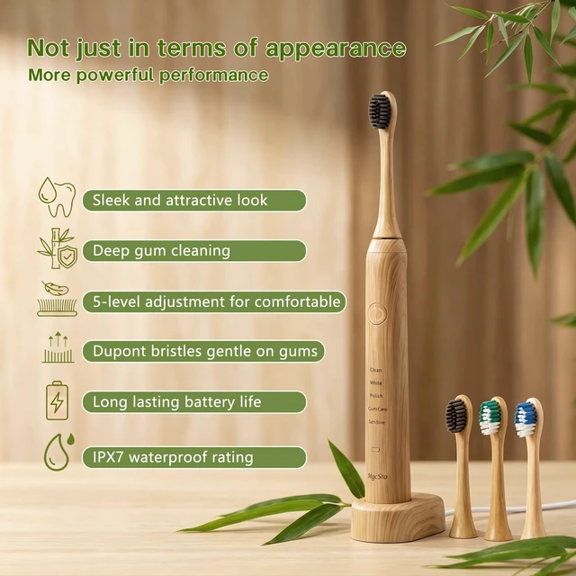 Alt view image 2 of 7 - Natural Bamboo Electric Toothbrush for Adults5 Cleaning Modes | 4 Pack Bamboo Replacement Brush Heads, 4000VPM, 40 Days Long-Lasting Battery, IPX7 Waterproof, Rechargeable