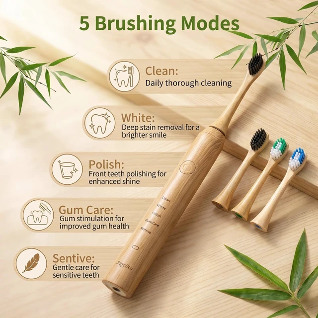 Alt view image 3 of 7 - Natural Bamboo Electric Toothbrush for Adults5 Cleaning Modes | 4 Pack Bamboo Replacement Brush Heads, 4000VPM, 40 Days Long-Lasting Battery, IPX7 Waterproof, Rechargeable