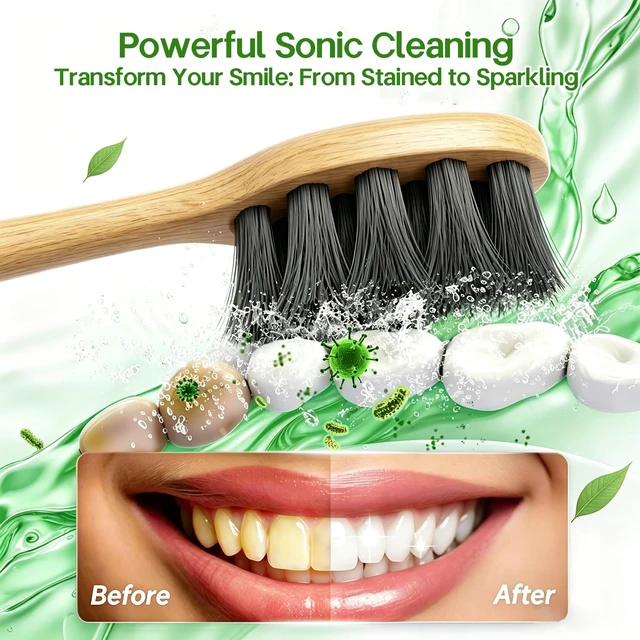 Alt view image 6 of 7 - Natural Bamboo Electric Toothbrush for Adults5 Cleaning Modes | 4 Pack Bamboo Replacement Brush Heads, 4000VPM, 40 Days Long-Lasting Battery, IPX7 Waterproof, Rechargeable