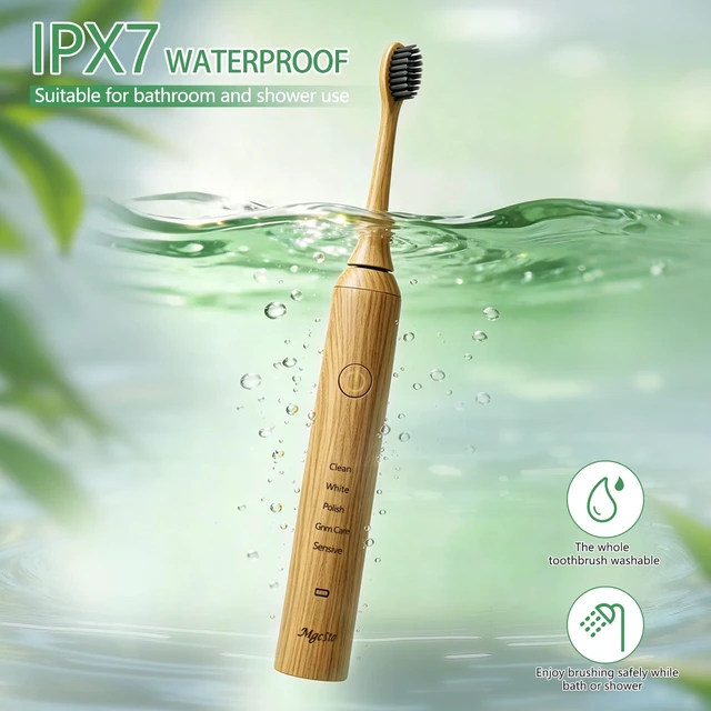 Alt view image 7 of 7 - Natural Bamboo Electric Toothbrush for Adults5 Cleaning Modes | 4 Pack Bamboo Replacement Brush Heads, 4000VPM, 40 Days Long-Lasting Battery, IPX7 Waterproof, Rechargeable