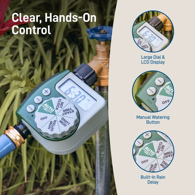 Alt view image 5 of 7 - Programmable Digital Hose Watering Timer - 1 Outlet - Battery Powered - with LCD Screen - Built-in Rain Delay - Water-Resistant - 62061