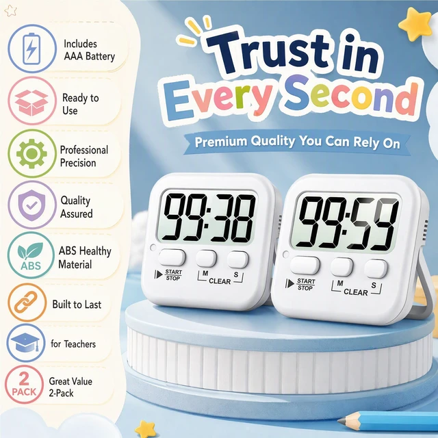 Alt view image 7 of 7 - 2 Pack Digital Timer for Kids Classroom Kitchen Timers for Cooking | With 2*AAA Battery, Count Up / Down, Loud Alarm & Silent FlashLight Mode, Magnetic Back, Kickstand, School Teacher Supplies