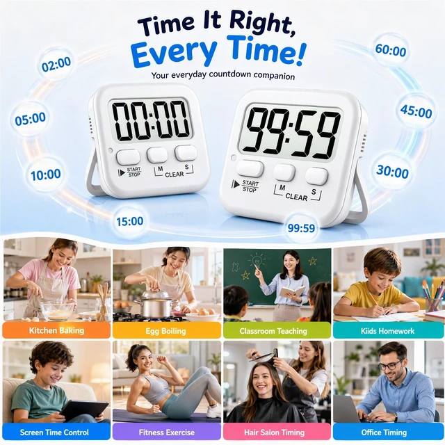 Alt view image 6 of 7 - 2 Pack Digital Timer for Kids Classroom Kitchen Timers for Cooking | With 2*AAA Battery, Count Up / Down, Loud Alarm & Silent FlashLight Mode, Magnetic Back, Kickstand, School Teacher Supplies