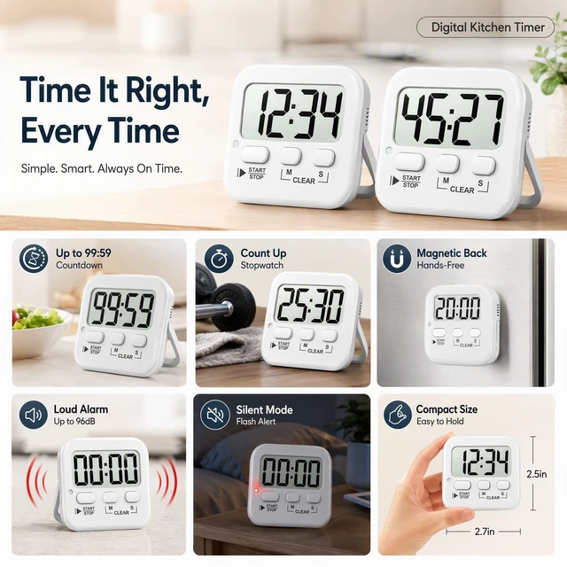 Alt view image 4 of 7 - 2 Pack Digital Timer for Kids Classroom Kitchen Timers for Cooking | With 2*AAA Battery, Count Up / Down, Loud Alarm & Silent FlashLight Mode, Magnetic Back, Kickstand, School Teacher Supplies