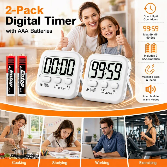 Alt view image 2 of 7 - 2 Pack Digital Timer for Kids Classroom Kitchen Timers for Cooking | With 2*AAA Battery, Count Up / Down, Loud Alarm & Silent FlashLight Mode, Magnetic Back, Kickstand, School Teacher Supplies