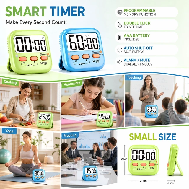 Alt view image 4 of 7 - 2 Pack Digital Timer for Kids Teacher Classroom Kitchen Office | with AAA Battery, Out of the Box, Fast Reset, Memory, Loud Alarm, LED Mute Mode, Magnetic/Kickstand/Hanging, Count Up/Down