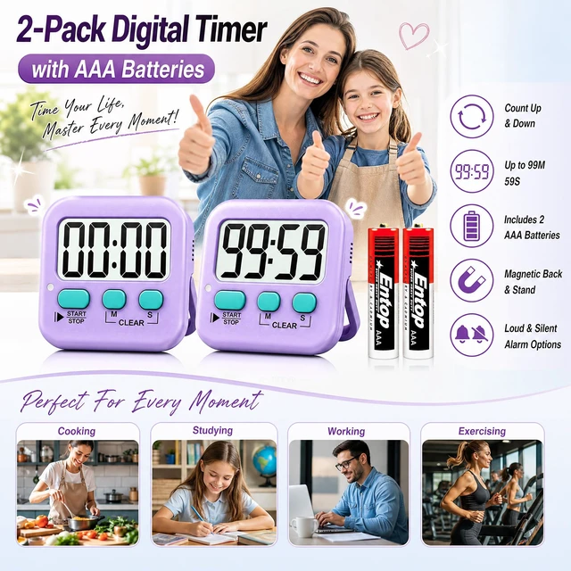 Alt view image 2 of 7 - 2 Pack Digital Timer for Kids Classroom Kitchen Timers for Cooking | With 2*AAA Battery, Count Up / Down, Loud Alarm & Silent FlashLight Mode, Magnetic Back, Kickstand, School Teacher Supplies