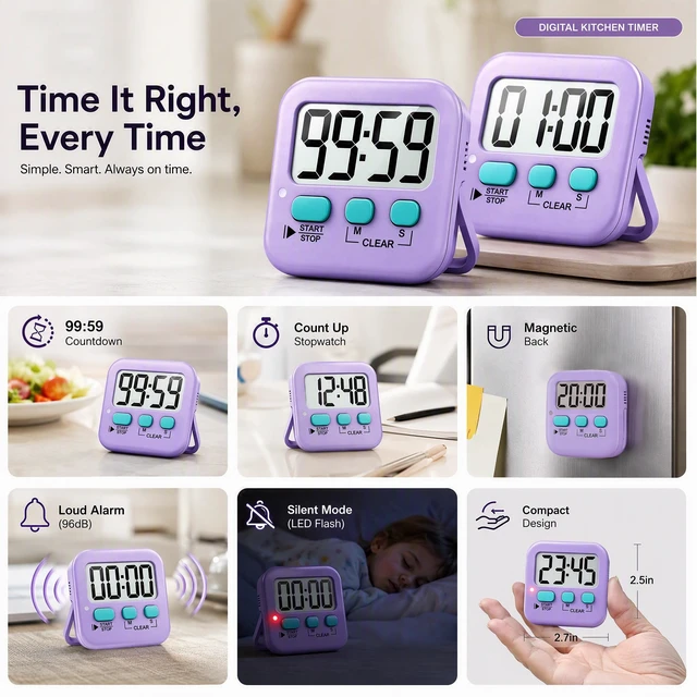 Alt view image 4 of 7 - 2 Pack Digital Timer for Kids Classroom Kitchen Timers for Cooking | With 2*AAA Battery, Count Up / Down, Loud Alarm & Silent FlashLight Mode, Magnetic Back, Kickstand, School Teacher Supplies