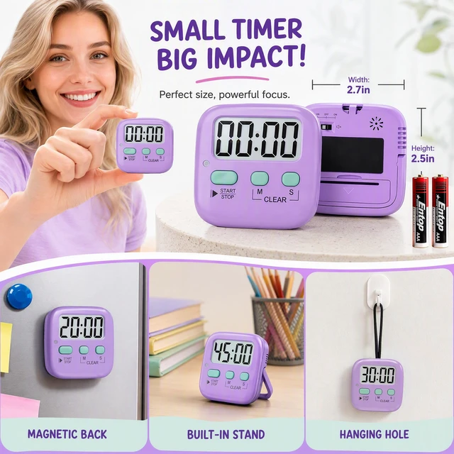 Alt view image 5 of 7 - 2 Pack Digital Timer for Kids Classroom Kitchen Timers for Cooking | With 2*AAA Battery, Count Up / Down, Loud Alarm & Silent FlashLight Mode, Magnetic Back, Kickstand, School Teacher Supplies