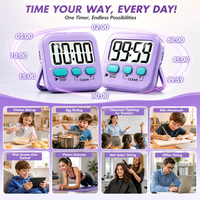 Alt view image 6 of 7 - 2 Pack Digital Timer for Kids Classroom Kitchen Timers for Cooking | With 2*AAA Battery, Count Up / Down, Loud Alarm & Silent FlashLight Mode, Magnetic Back, Kickstand, School Teacher Supplies