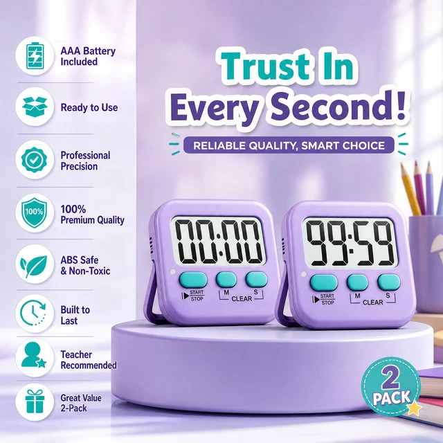 Alt view image 7 of 7 - 2 Pack Digital Timer for Kids Classroom Kitchen Timers for Cooking | With 2*AAA Battery, Count Up / Down, Loud Alarm & Silent FlashLight Mode, Magnetic Back, Kickstand, School Teacher Supplies