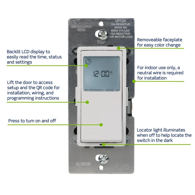 Alt view image 3 of 7 - Decora 24-Hour Programmable and Astronomical In-Wall Timer Switch for Lights and Motor Loads, Digital Light Switch Timer Indoor, Single Pole or 3-Way, Neutral Wire Required, VPT24-1LW, White